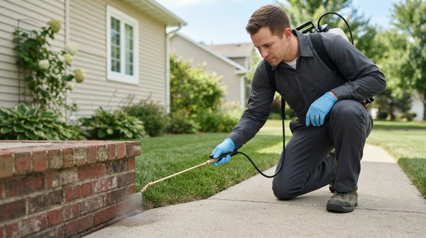 Pest control technician treating a home near Tualatin, OR